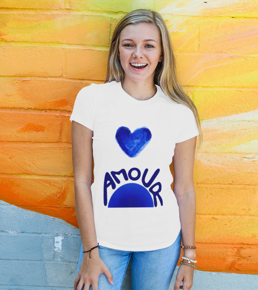 Amour Blue Heart French Love Watercolor T-Shirt