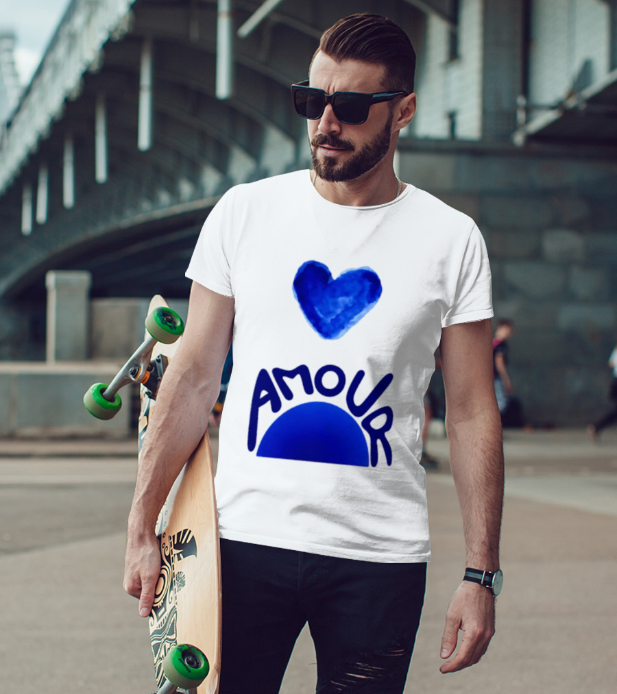 Amour Blue Heart French Love Watercolor T-Shirt