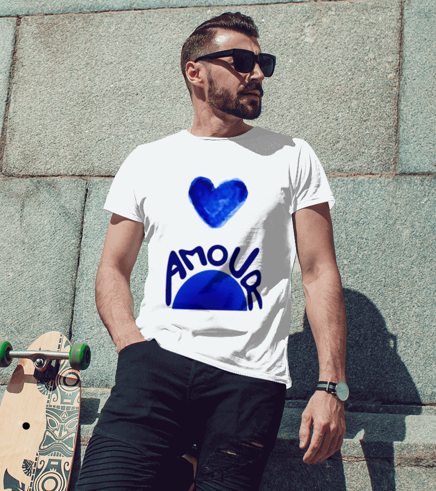 Amour Blue Heart French Love Watercolor T-Shirt