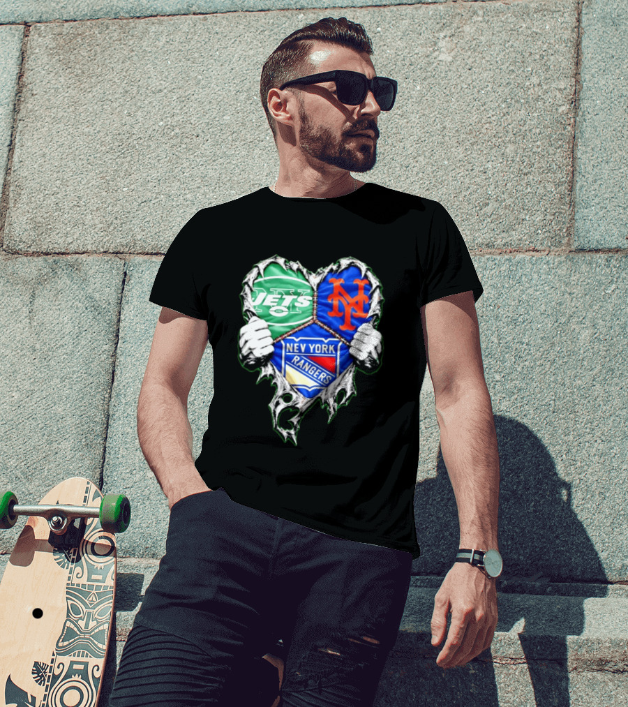 New York Jets Mets Rangers Heart Mashup Scratch T-Shirt