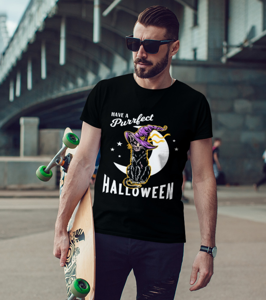 Have A Purrfect Halloween Black Cat And Moon With Witch Hat T-Shirt