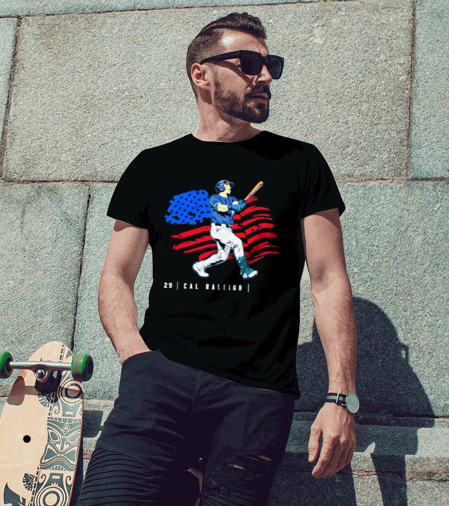 Cal Raleigh Baseball USA Flag Seattle Seahawks T-Shirt