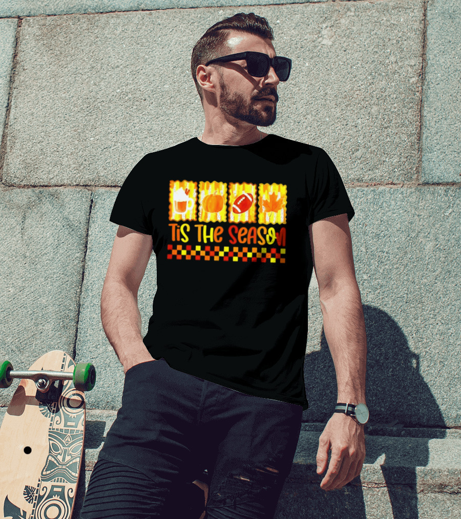 Tis The Season Pumpkin Coffee Football Leaf Halloween T-Shirt