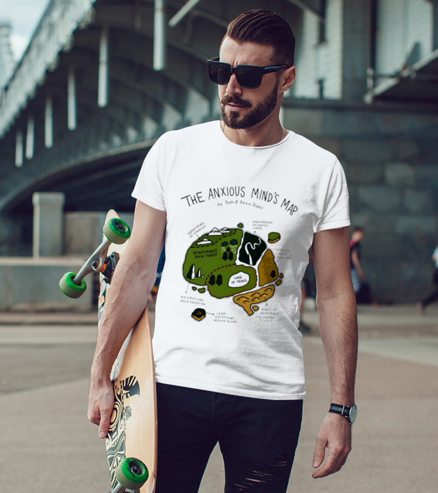 The Anxious Mind's Map Rum & Raisin Studio Reassurance Rain Forest Expectations Plateau Attack Of Panic Peaks T-Shirt