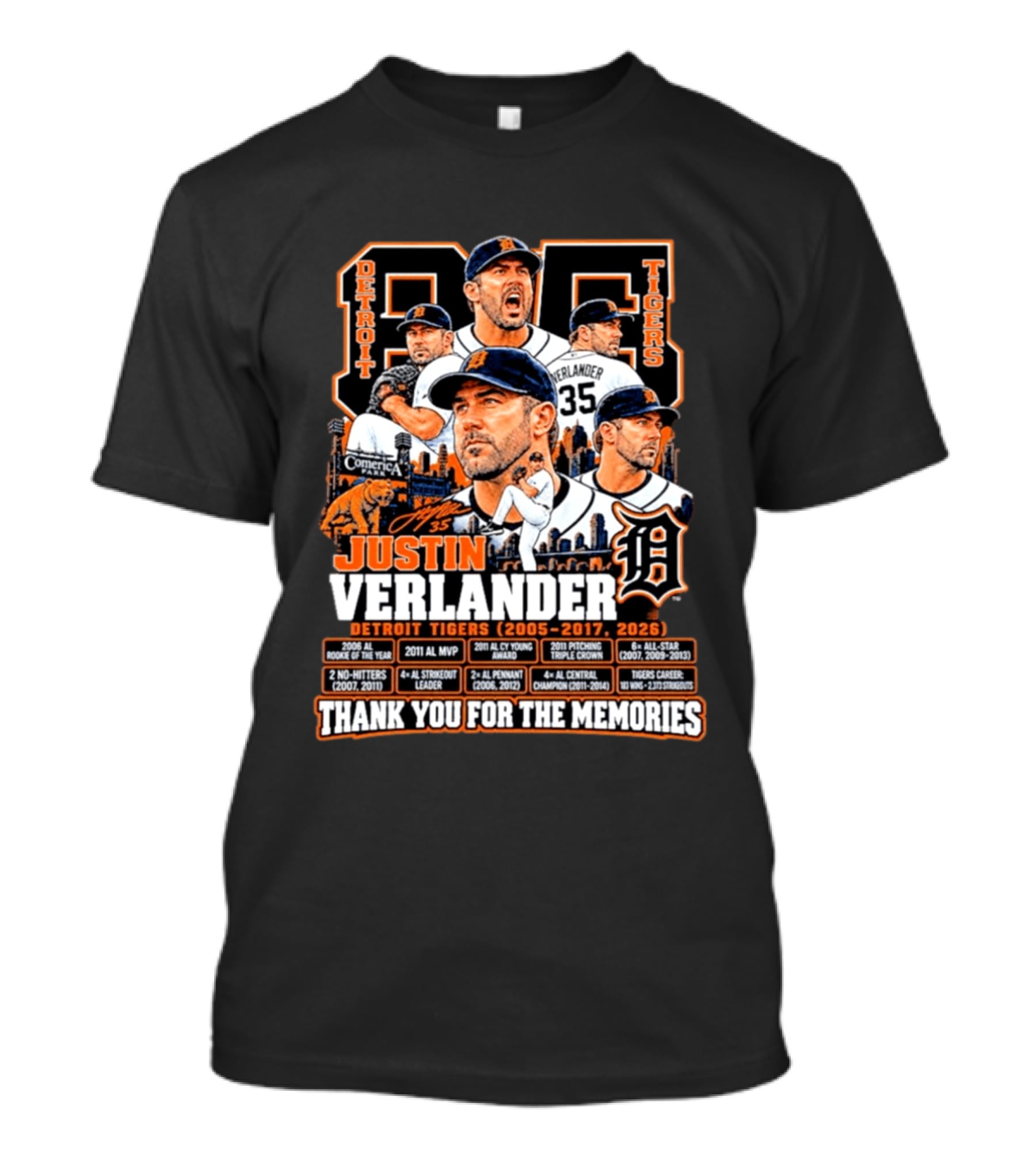 Detroit Tigers 35 Justin Verlander Thank You For The Memories 2005 2017 2026 T-Shirt