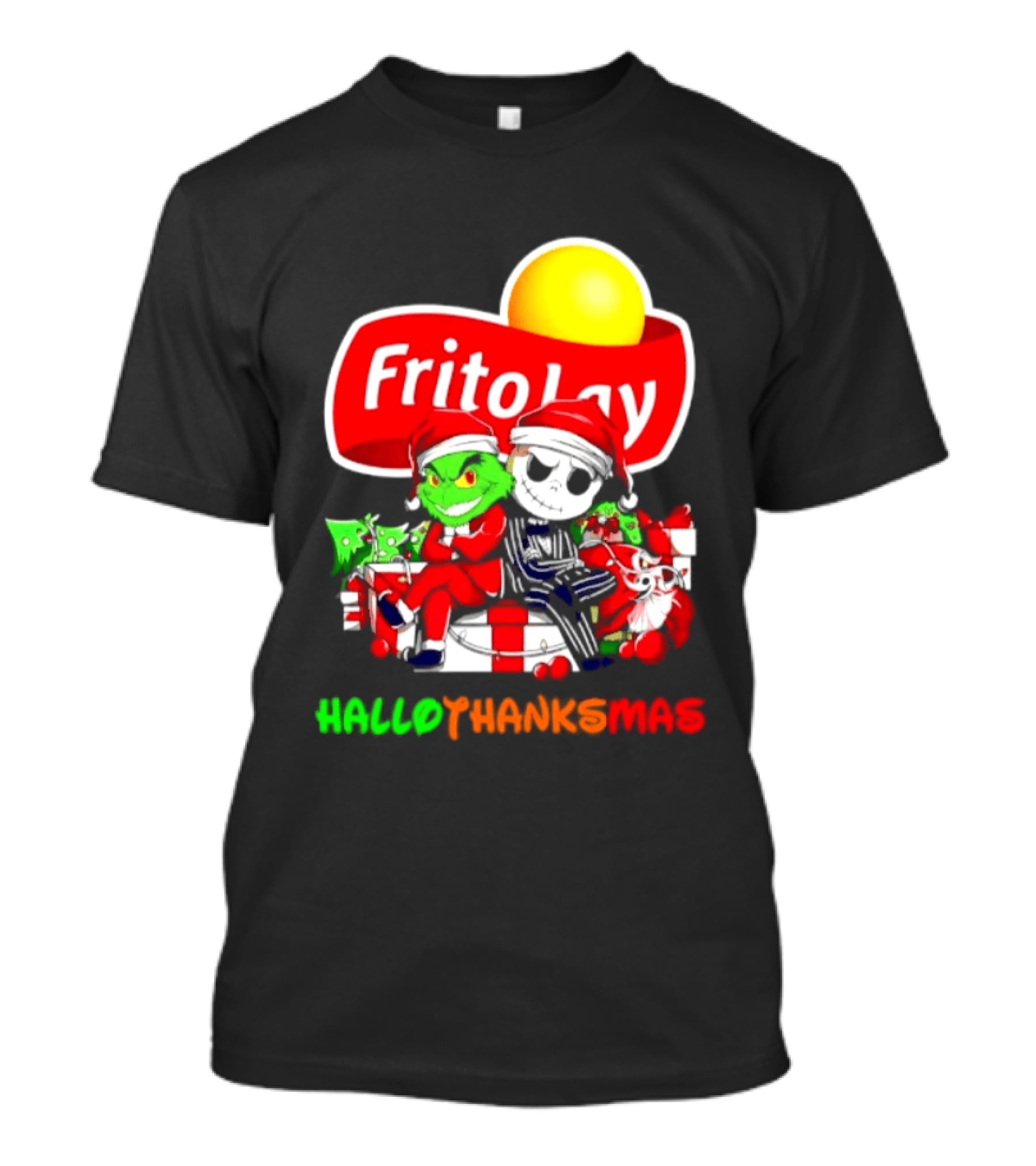 Frito Lay Grinch Jack Skellington Hallothanksmas 2026 Christmas Santa Hats T-Shirt