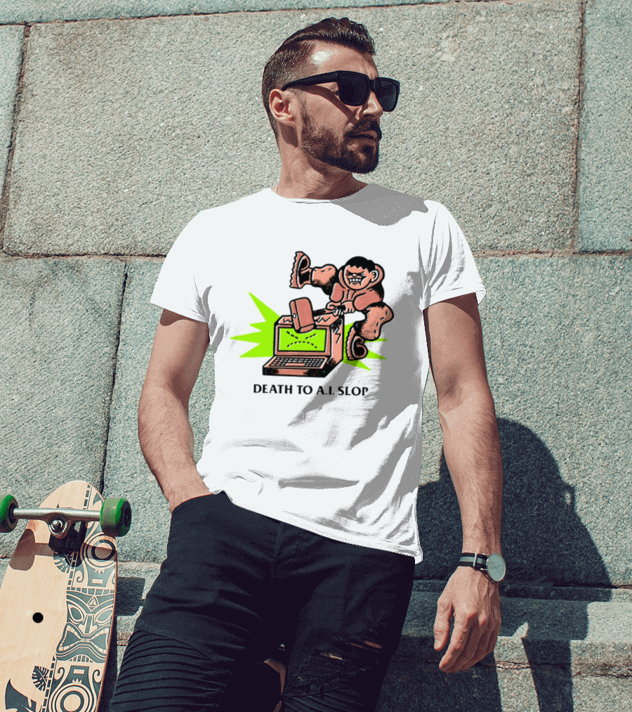 Death To AI Slop Digital Technology Revolution Sledgehammer Laptop Destruction T-Shirt