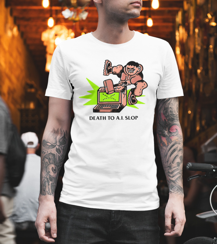 Death To AI Slop Digital Technology Revolution Sledgehammer Laptop Destruction T-Shirt