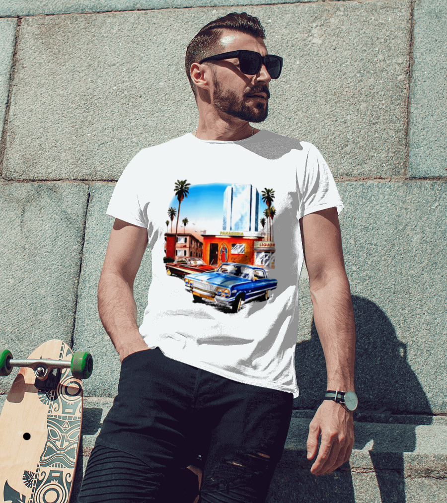 Panaderia Liquor Lowrider Scene With Vintage Cars And Palms T-Shirt
