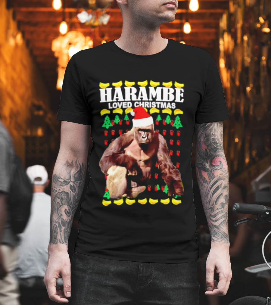 Harambe Loved Christmas Gorilla In Santa Hat With Bananas And Trees T-Shirt