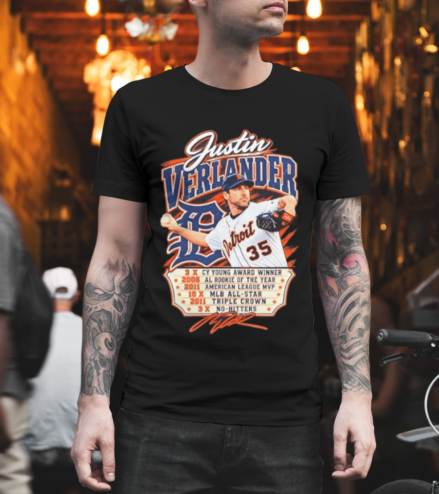 Justin Verlander Detroit Tigers Career 3x Cy Young Award Winner AL Rookie Of The Year 2011 American League MVP MLB All Star Triple Crown No Hitters T-Shirt