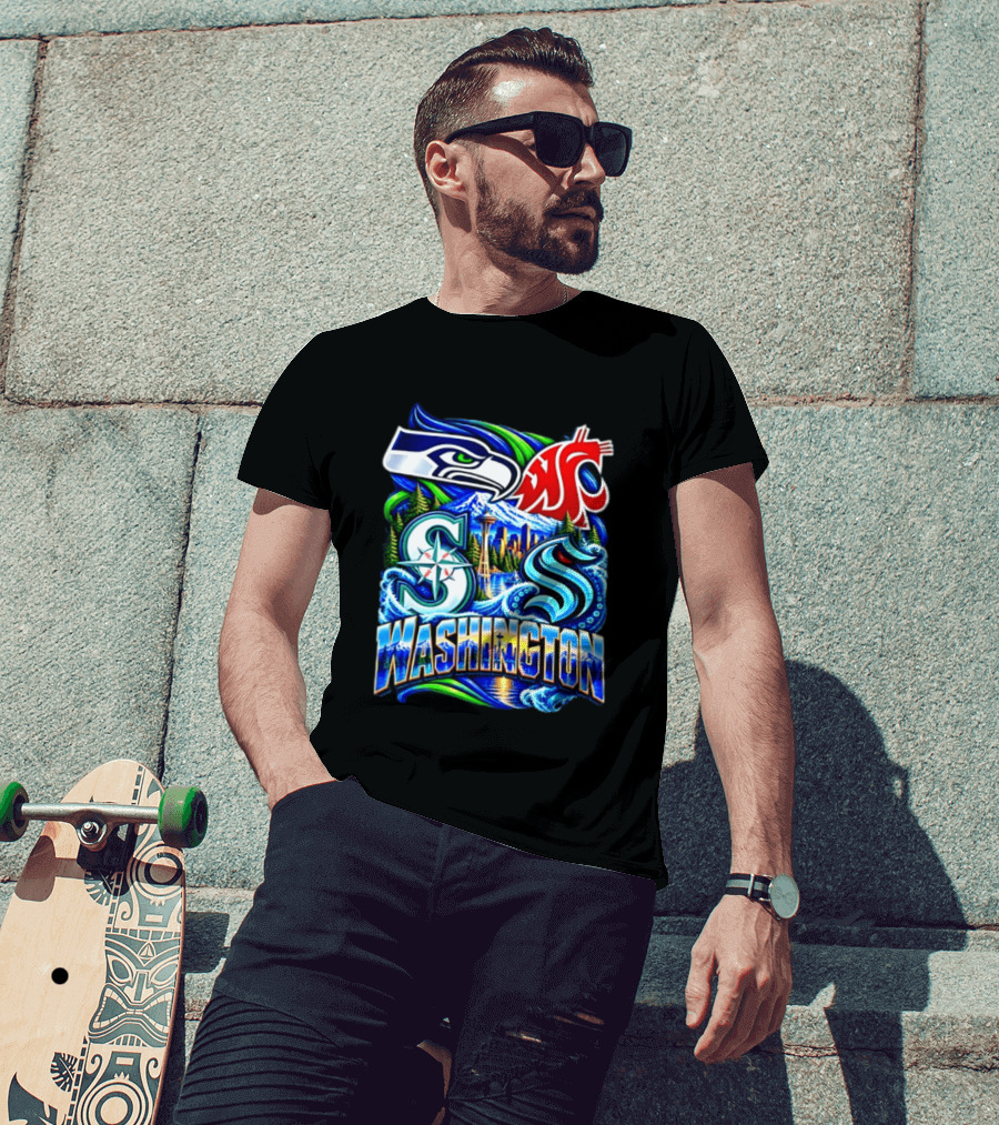 Seattle Seahawks Washington State Cougars Mariners Kraken Washington Skyline T-Shirt