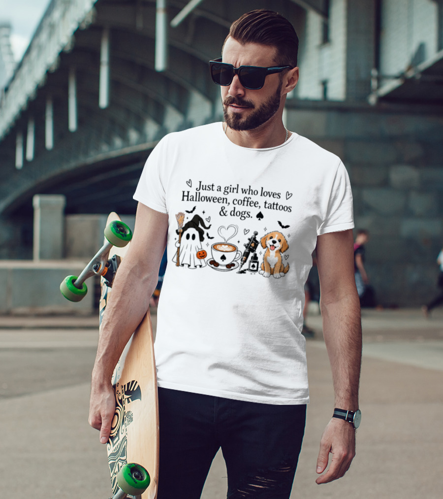 Just A Girl Who Loves Halloween Coffee Tattoos And Dogs Ghost Witch Hat Puppy Pumpkin T-Shirt