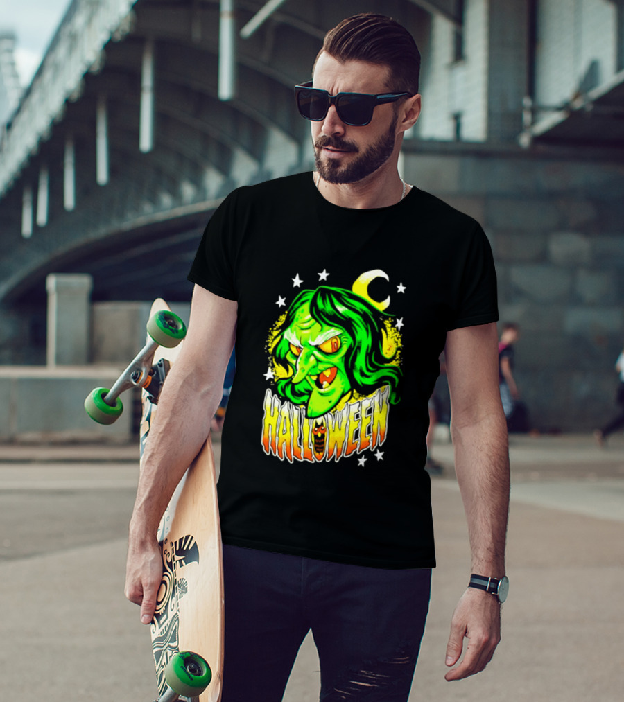 Halloween Witch Green Face Crescent Moon And Stars T-Shirt
