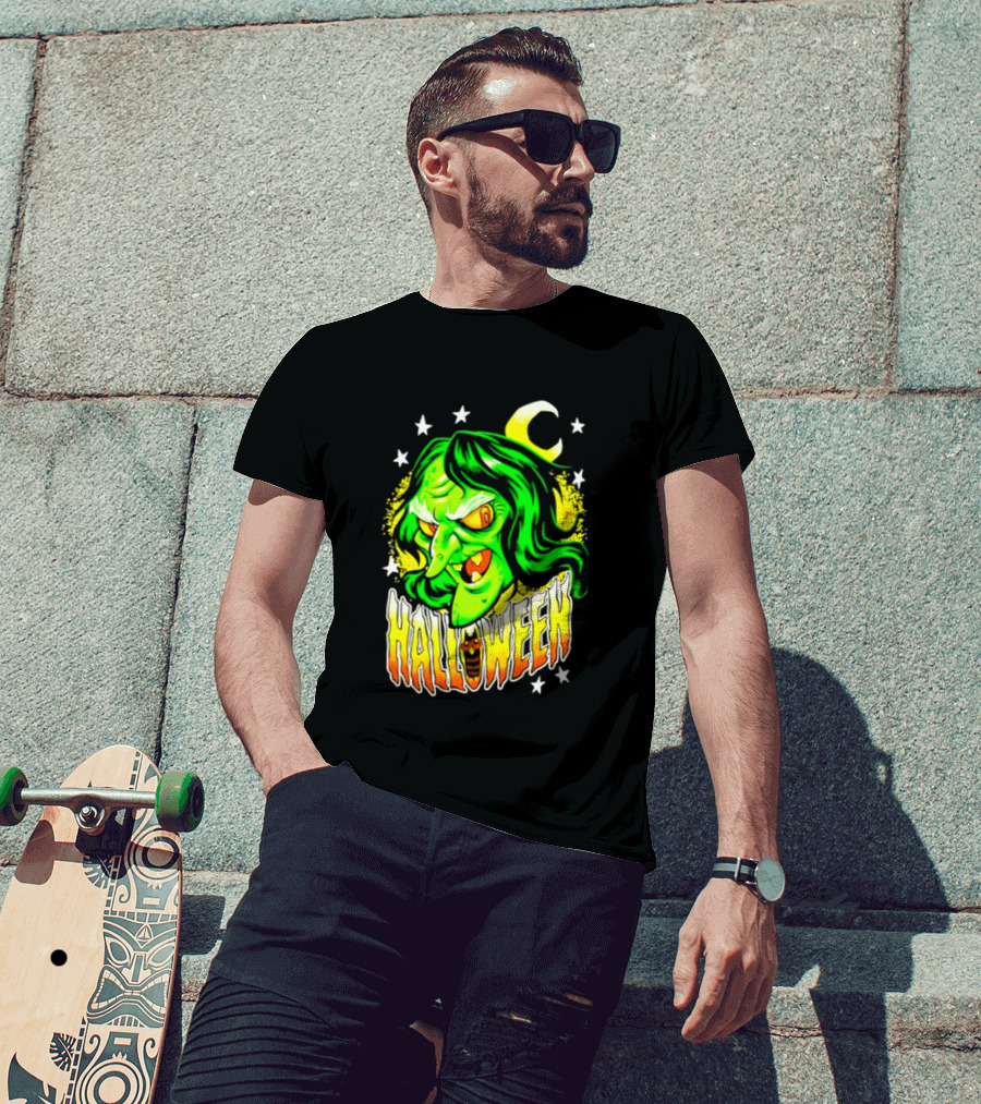 Halloween Witch Green Face Crescent Moon And Stars T-Shirt