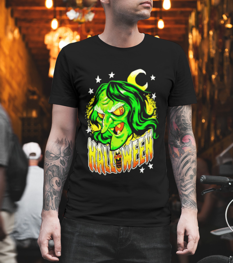 Halloween Witch Green Face Crescent Moon And Stars T-Shirt