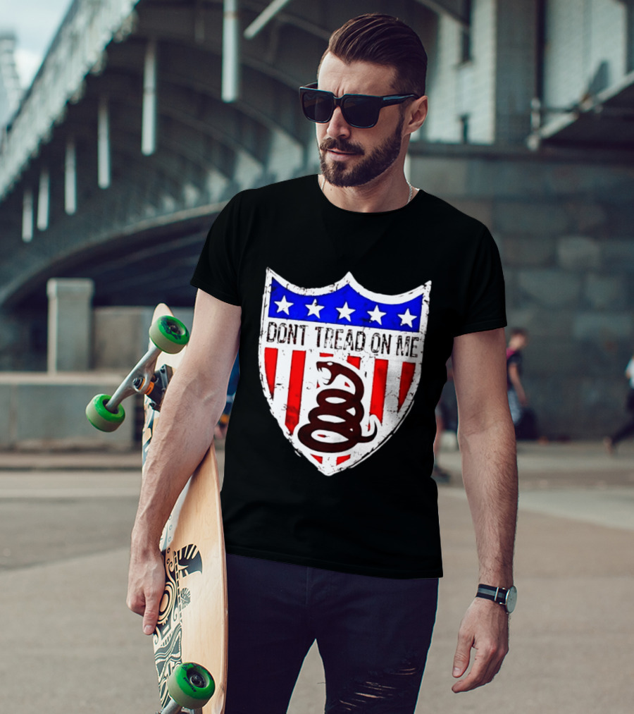 Dont Tread On Me American Flag Shield Gadsden Snake T-Shirt