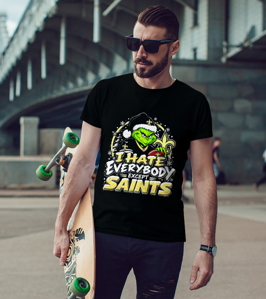 New Orleans Saints Grinch I Hate Everybody Except Saints Fans Christmas Holiday T-Shirt