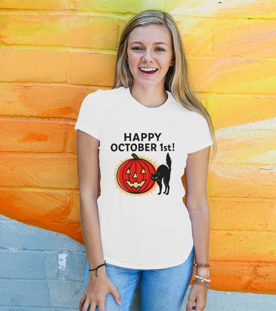 Happy October 1st Pumpkin Black Cat Halloween Celebration T-Shirt