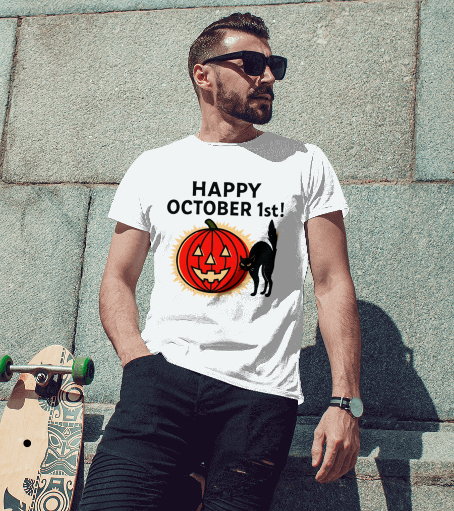 Happy October 1st Pumpkin Black Cat Halloween Celebration T-Shirt