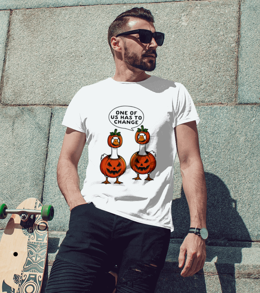 One Of Us Has To Change Goose Pumpkin Halloween Ducks Wearing Jack O Lanterns T-Shirt