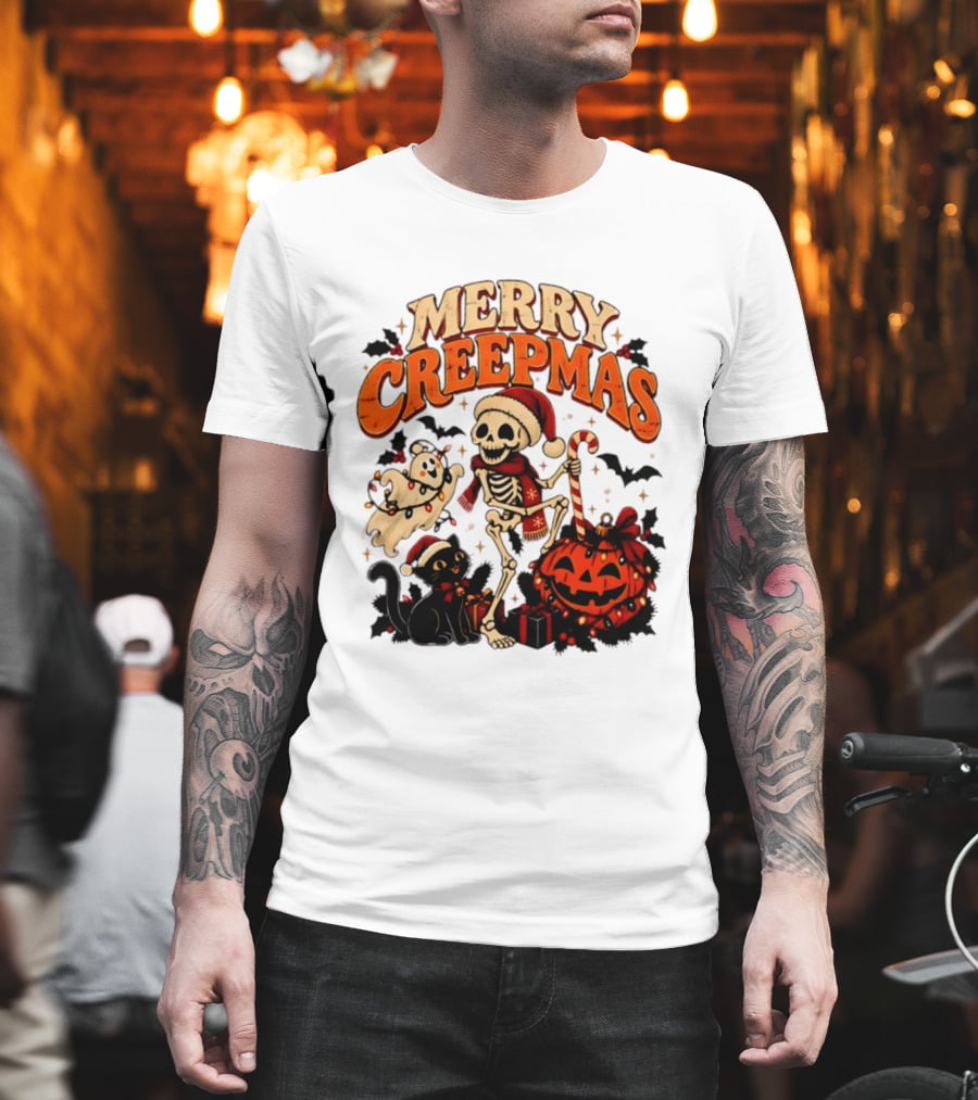 Merry Creepmas Skeleton Ghost Black Cat Pumpkin Holiday Scene T-Shirt