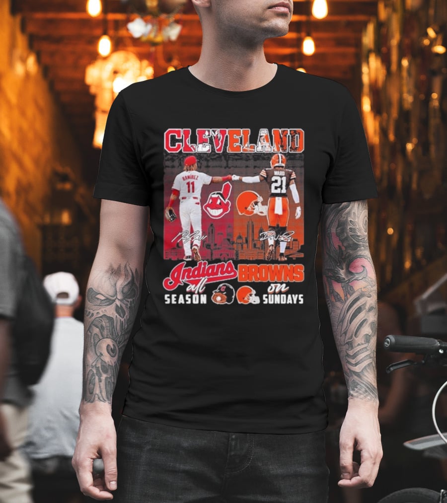 Cleveland José Ramírez Fist Bump Denzel Ward Indians All Season Browns On Sundays City Skyline T-Shirt