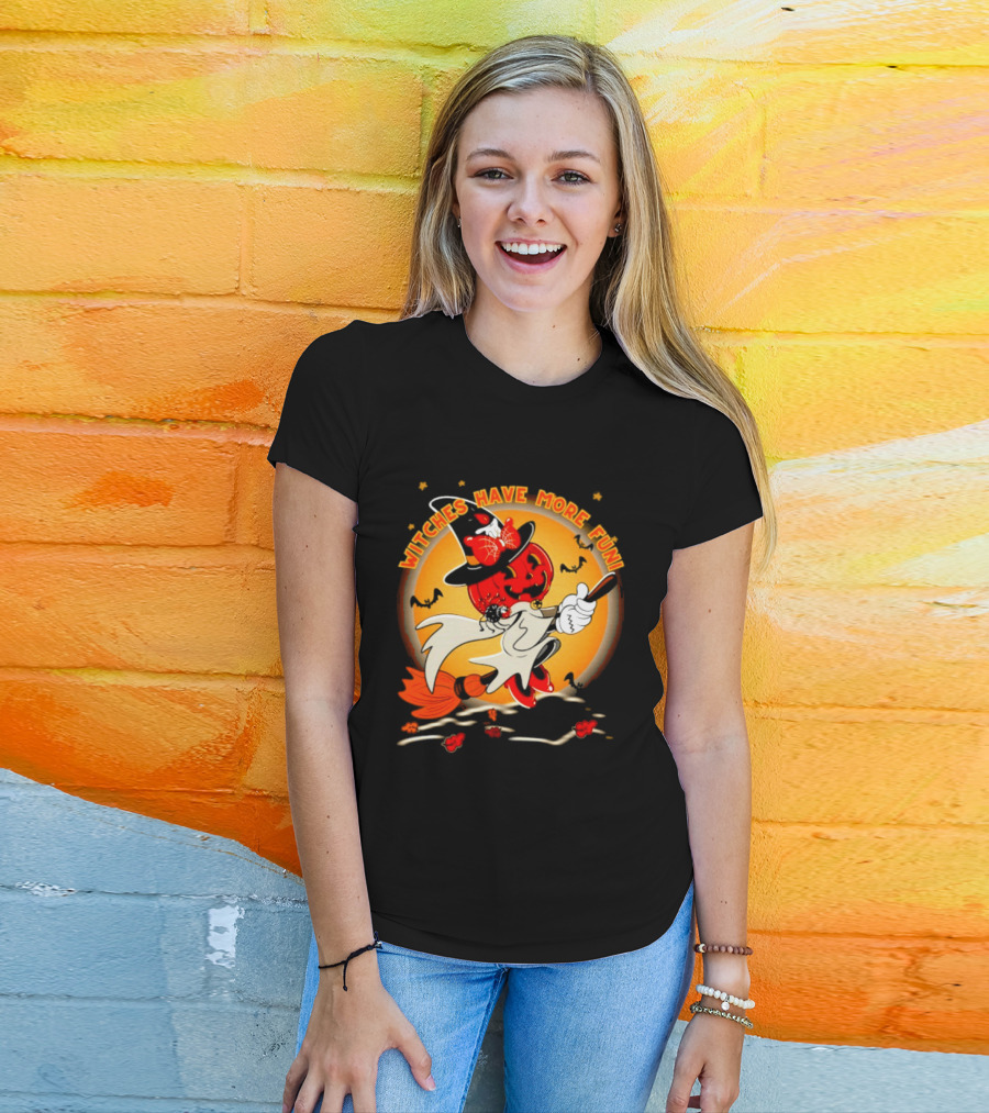 Witches Have More Fun Pumpkin Witch Riding Broomstick Halloween Magic T-Shirt
