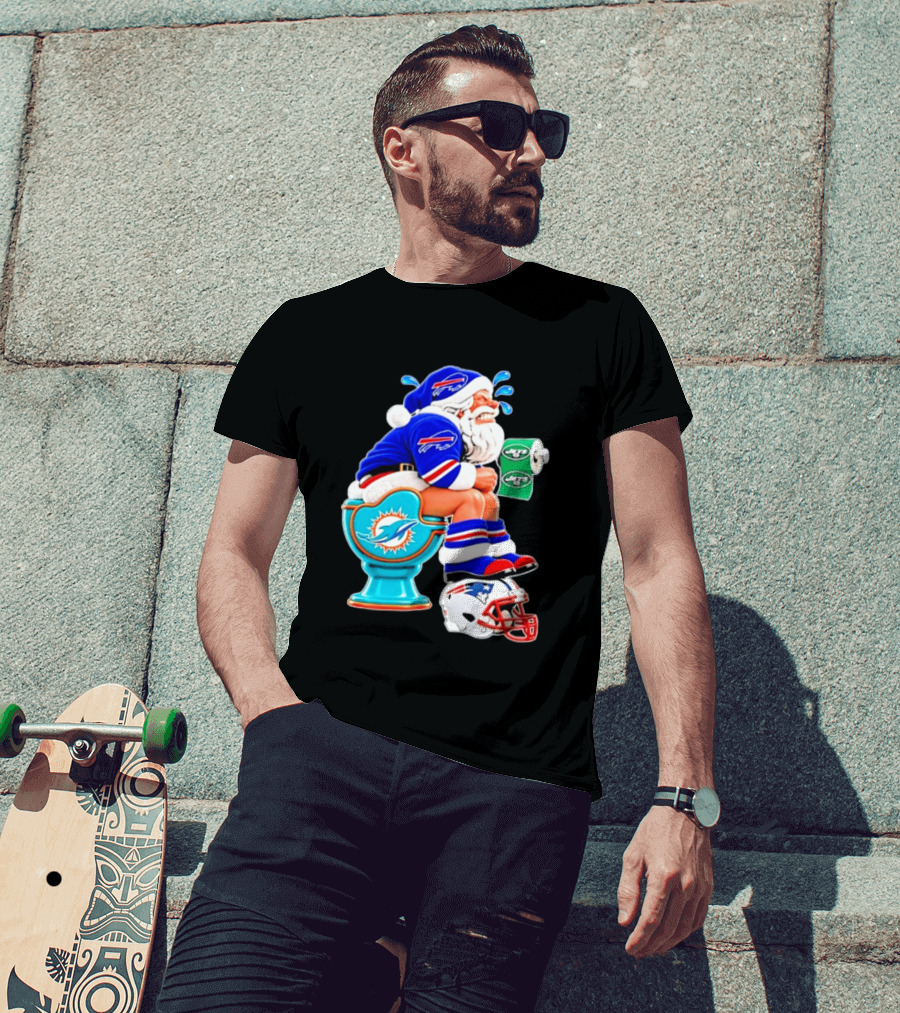 Buffalo Bills Santa On Miami Dolphins Toilet With NY Jets Paper And Patriots Helmet T-Shirt