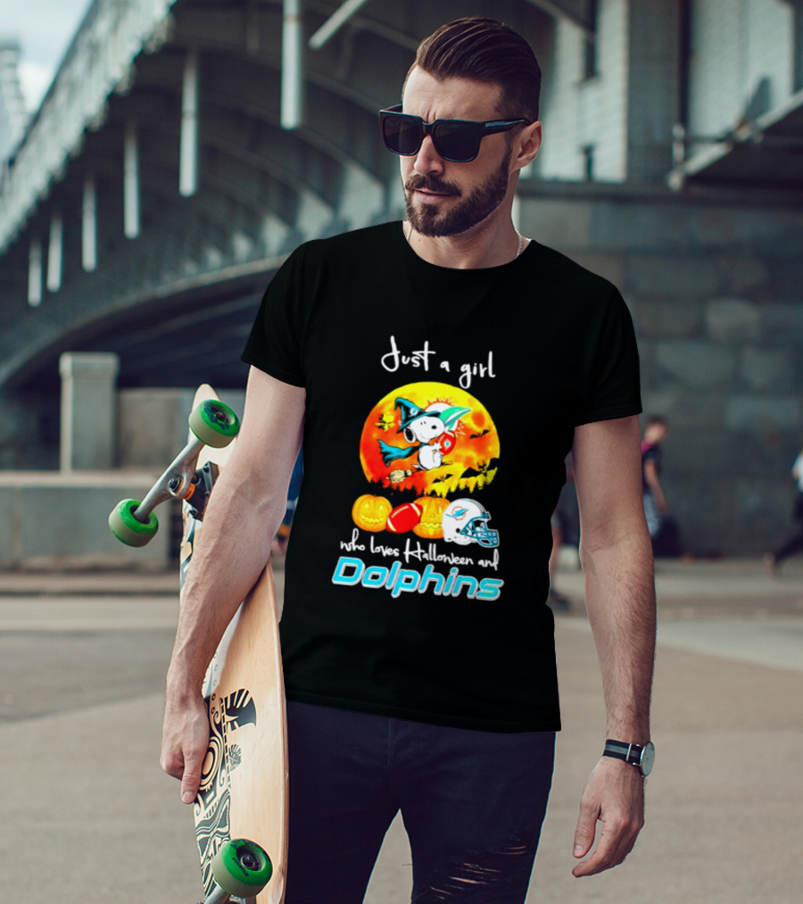 Just A Girl Who Loves Halloween And Miami Dolphins Snoopy Woodstock Pumpkin Football T-Shirt