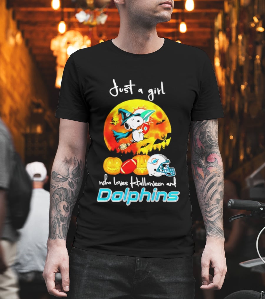 Just A Girl Who Loves Halloween And Miami Dolphins Snoopy Woodstock Pumpkin Football T-Shirt