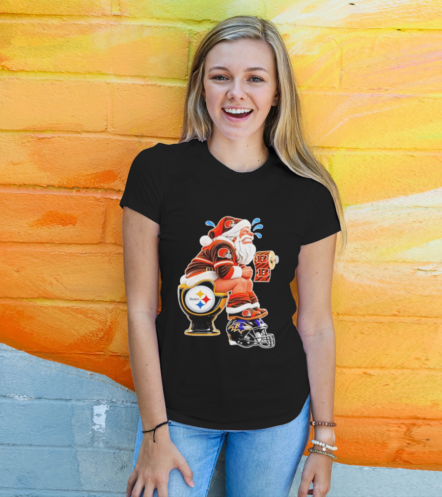 Santa Claus Cleveland Browns Toilet Sitting Steelers Ravens Bengals Meme T-Shirt