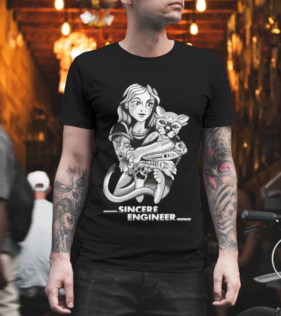 Sincere Engineer Punk Alternative Tattooed Girl Hugging Cat T-Shirt