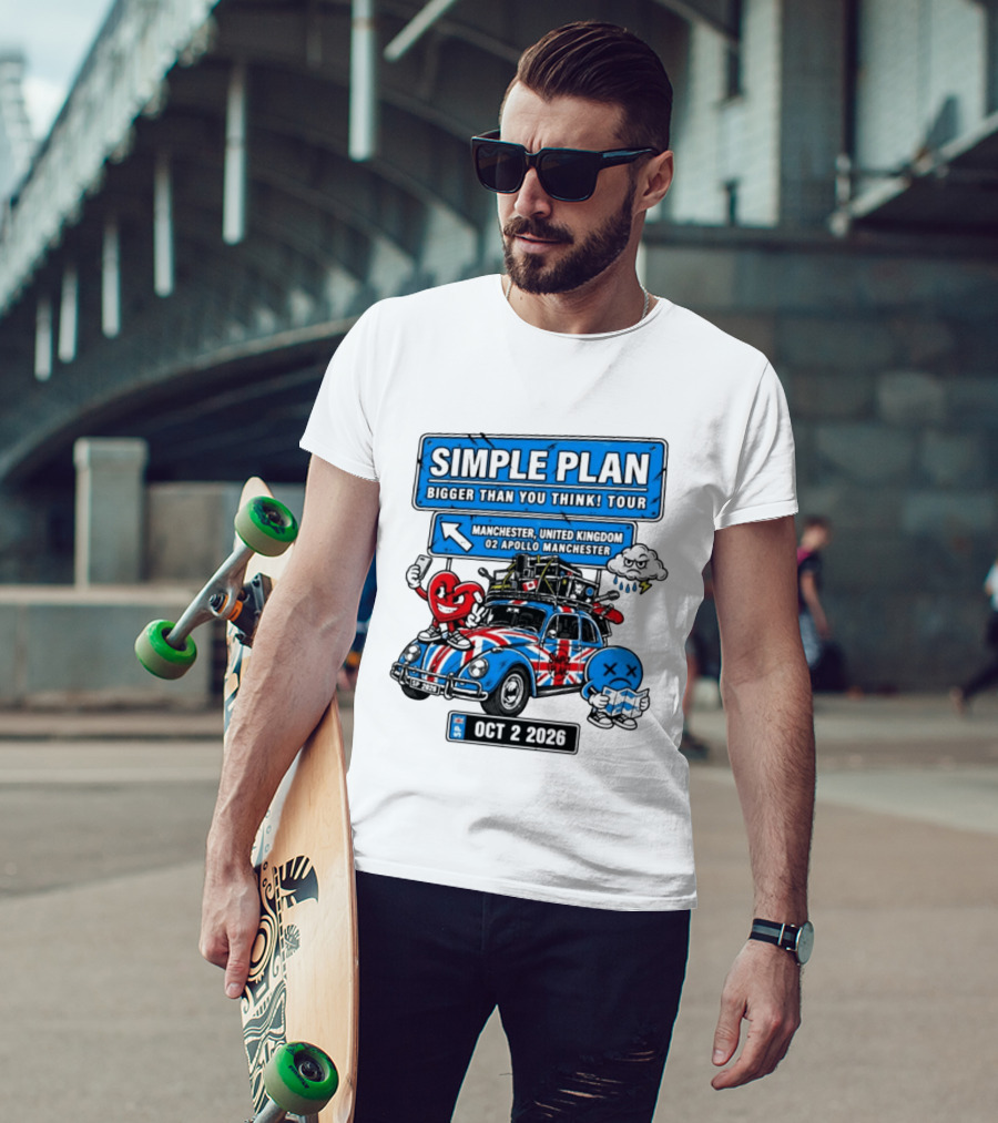 Simple Plan Bigger Than You Think Tour Manchester O2 Apollo Oct 2 2026 Car And Characters T-Shirt