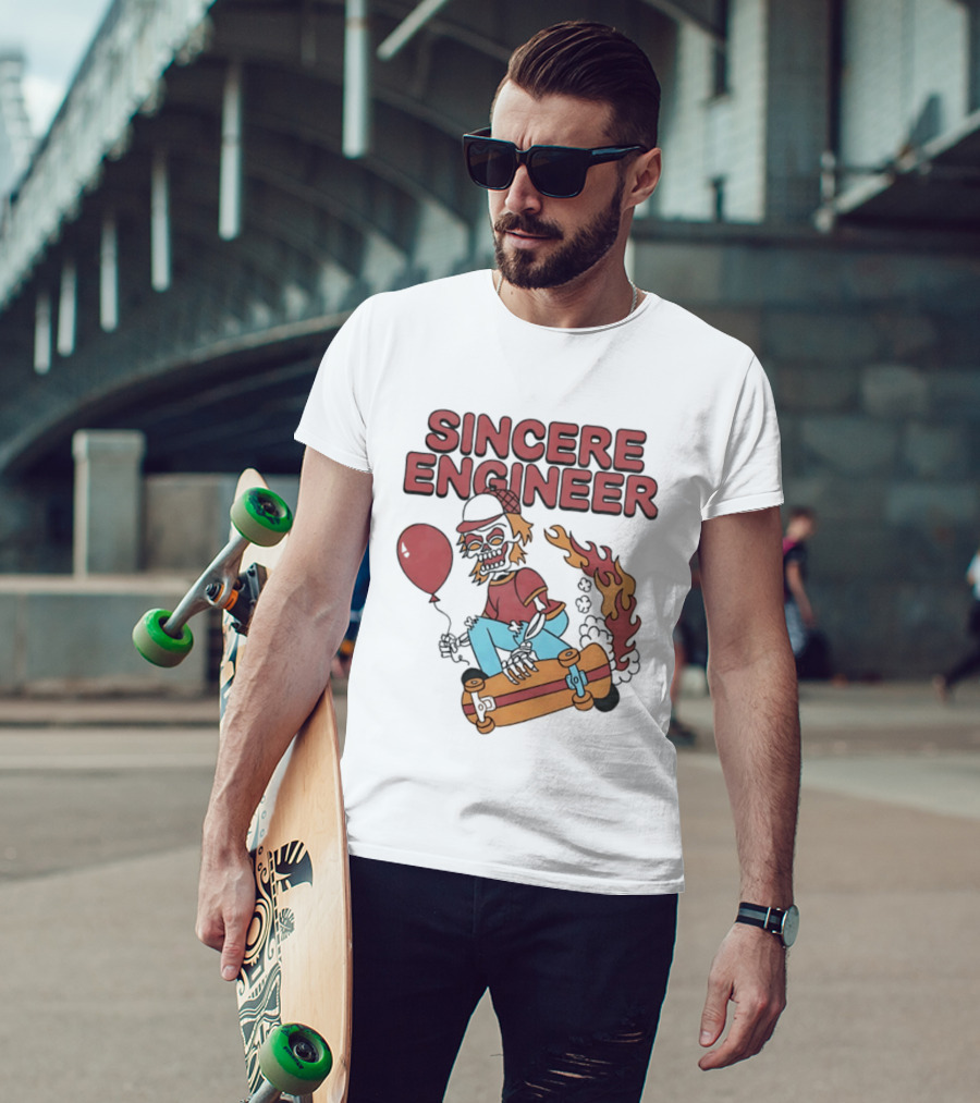 Sincere Engineer Skeleton Skateboarder With Balloon And Flaming Wheels T-Shirt