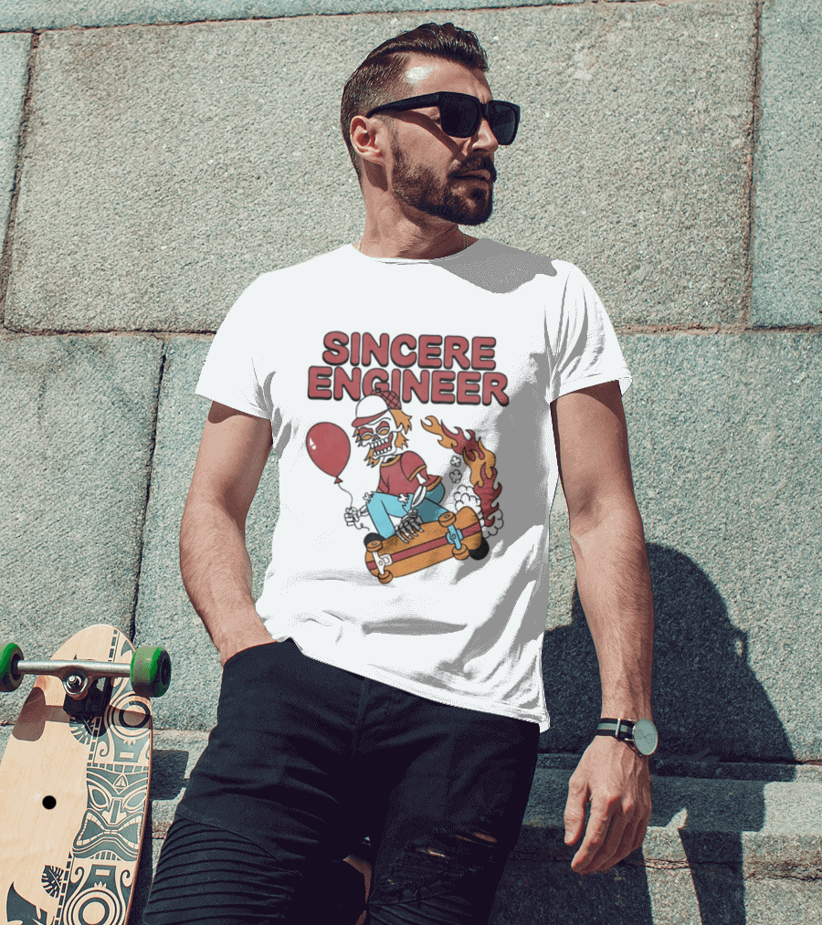 Sincere Engineer Skeleton Skateboarder With Balloon And Flaming Wheels T-Shirt