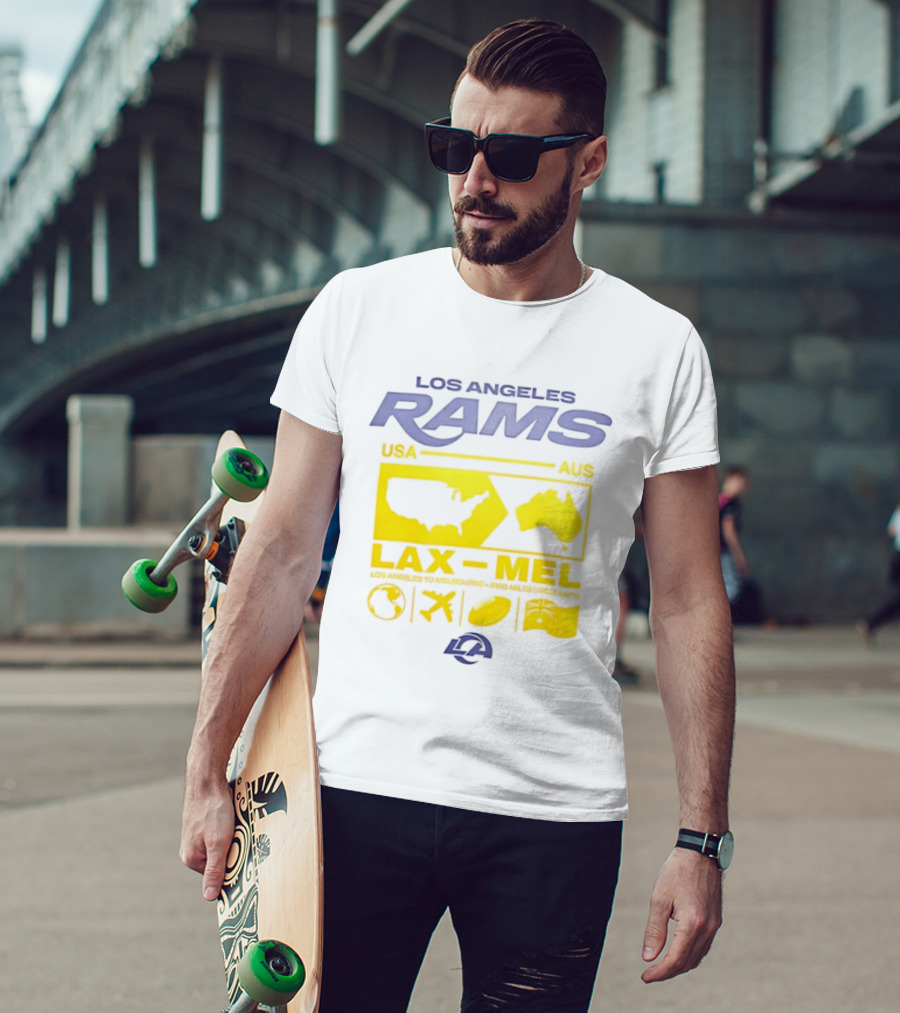 Los Angeles Rams LAX To MEL 2026 USA To Australia Football Journey T-Shirt