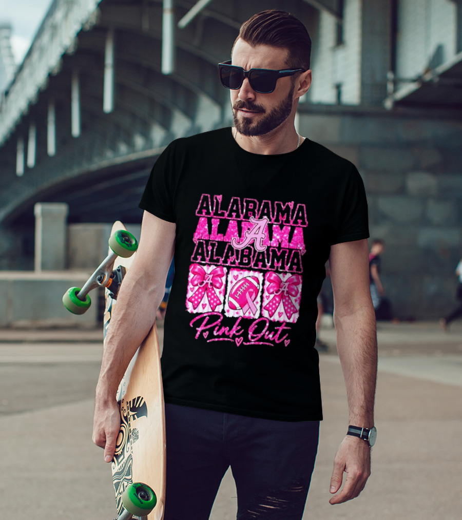Alabama Crimson Tide A Pink Out Breast Cancer Awareness Football Bow Game Day T-Shirt
