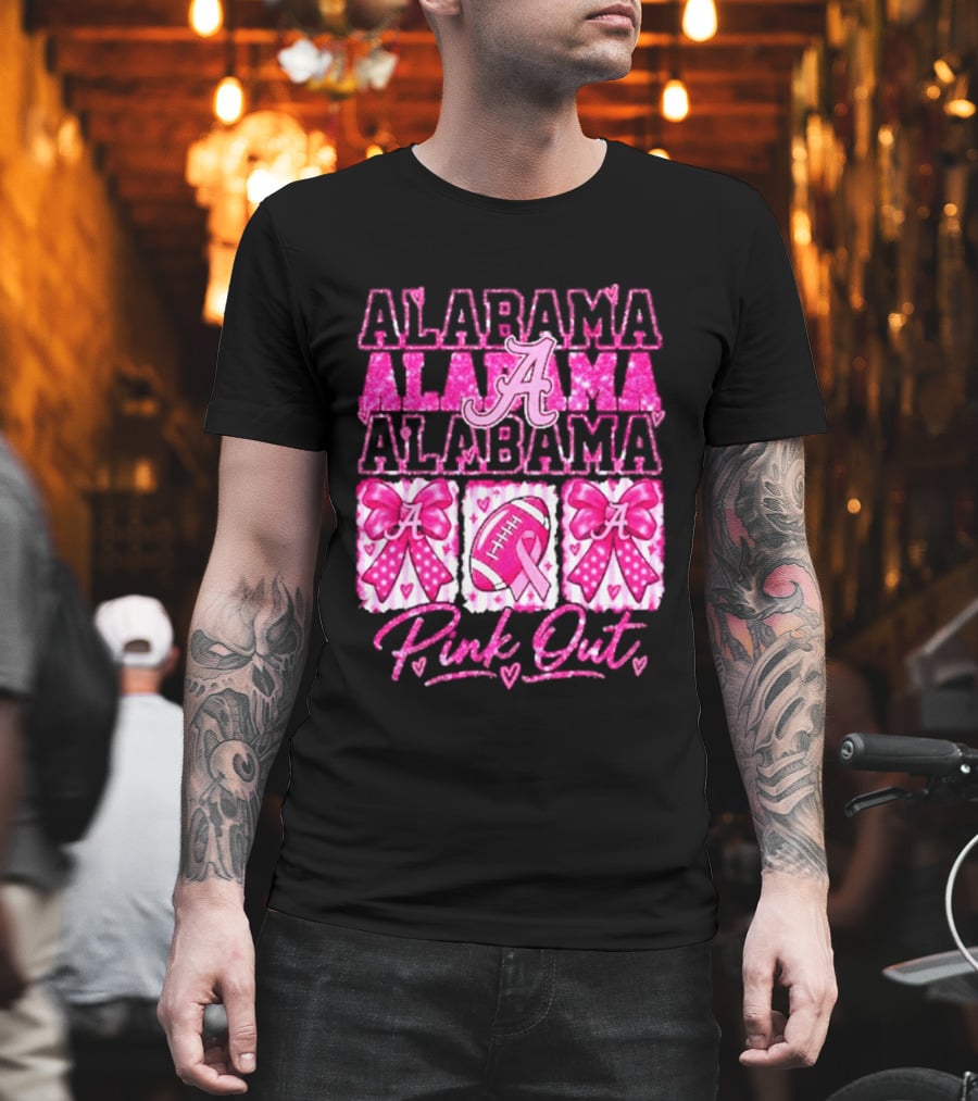 Alabama Crimson Tide A Pink Out Breast Cancer Awareness Football Bow Game Day T-Shirt