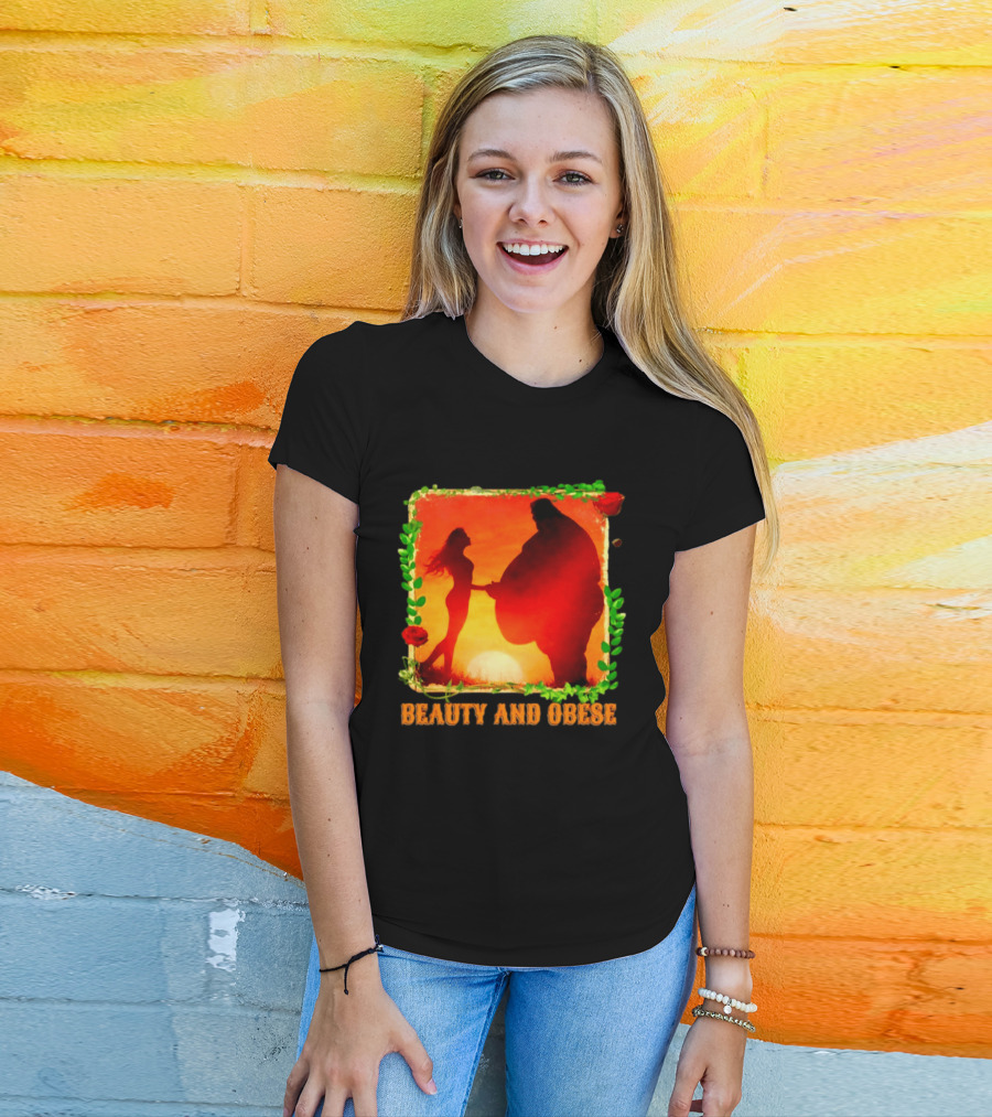 Beauty And Obese Romantic Satire With Sunset Silhouette And Roses T-Shirt
