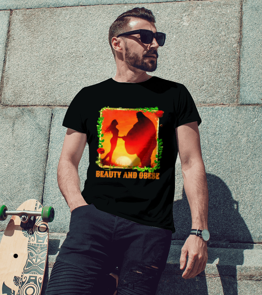 Beauty And Obese Romantic Satire With Sunset Silhouette And Roses T-Shirt