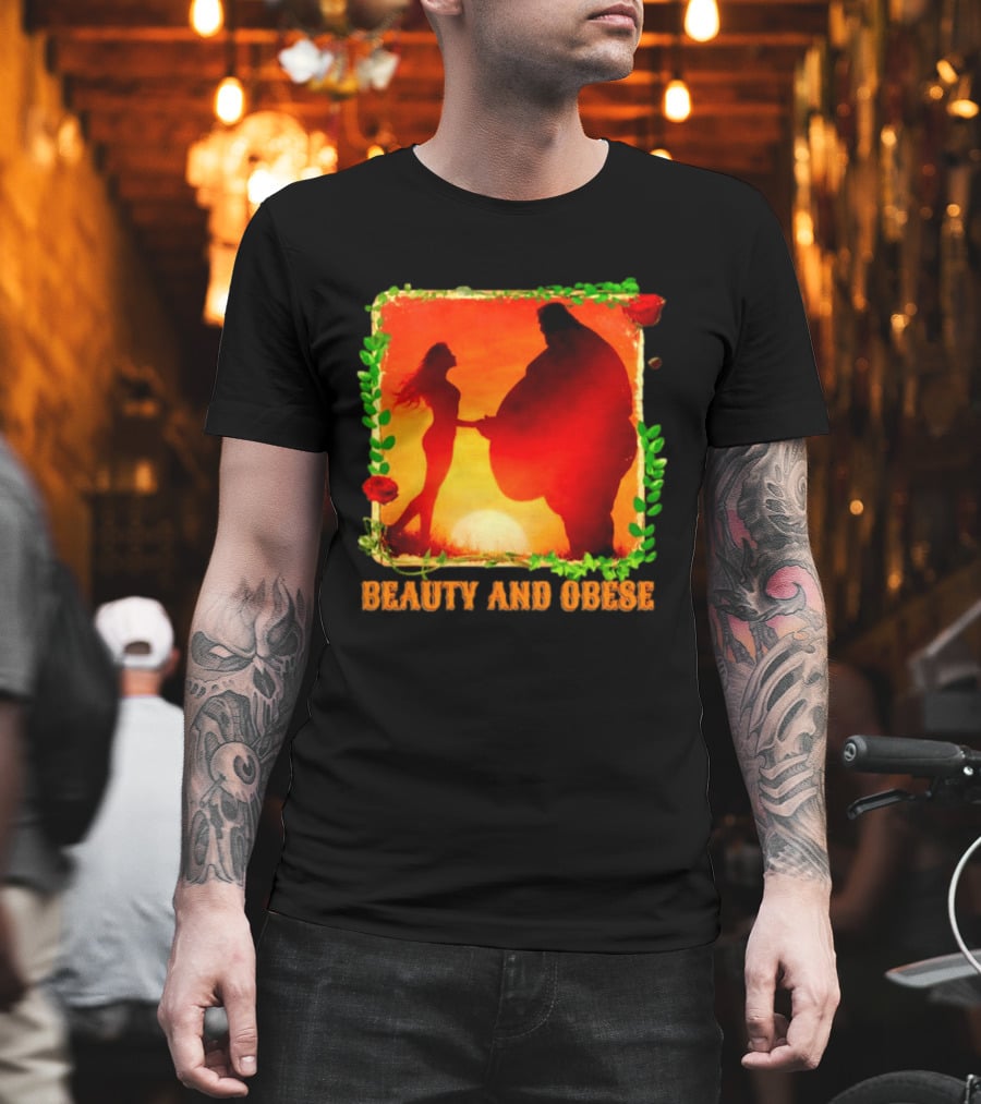 Beauty and Obese Romantic Satire with Sunset Silhouette and Roses T-Shirt