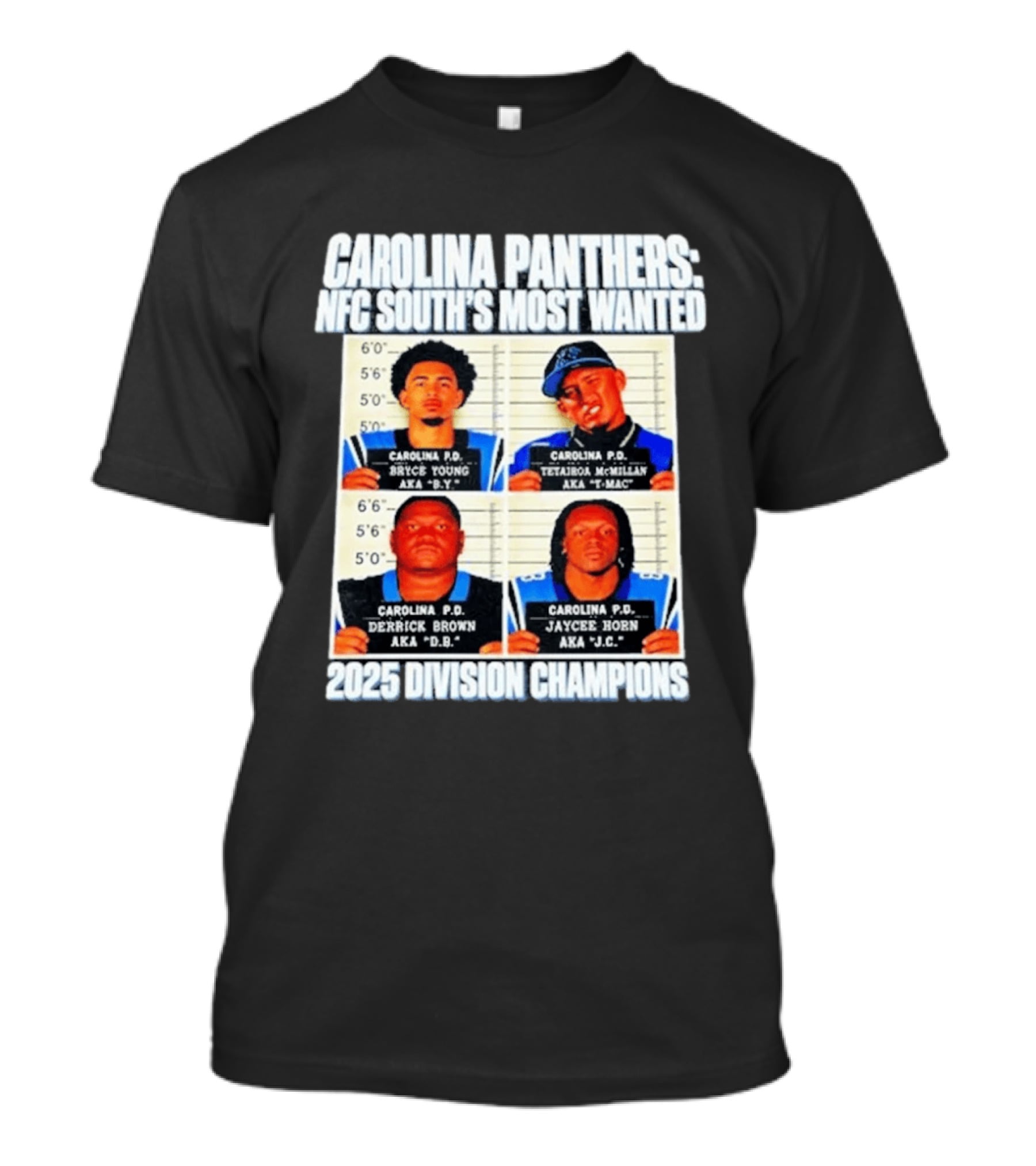 Carolina Panthers NFC South's Most Wanted Bryce Young Derrick Brown Jaycee Horn 2025 Division Champions T-Shirt