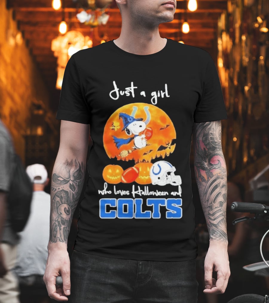Just A Girl Who Loves Halloween And Colts Snoopy Woodstock Collaboration T-Shirt