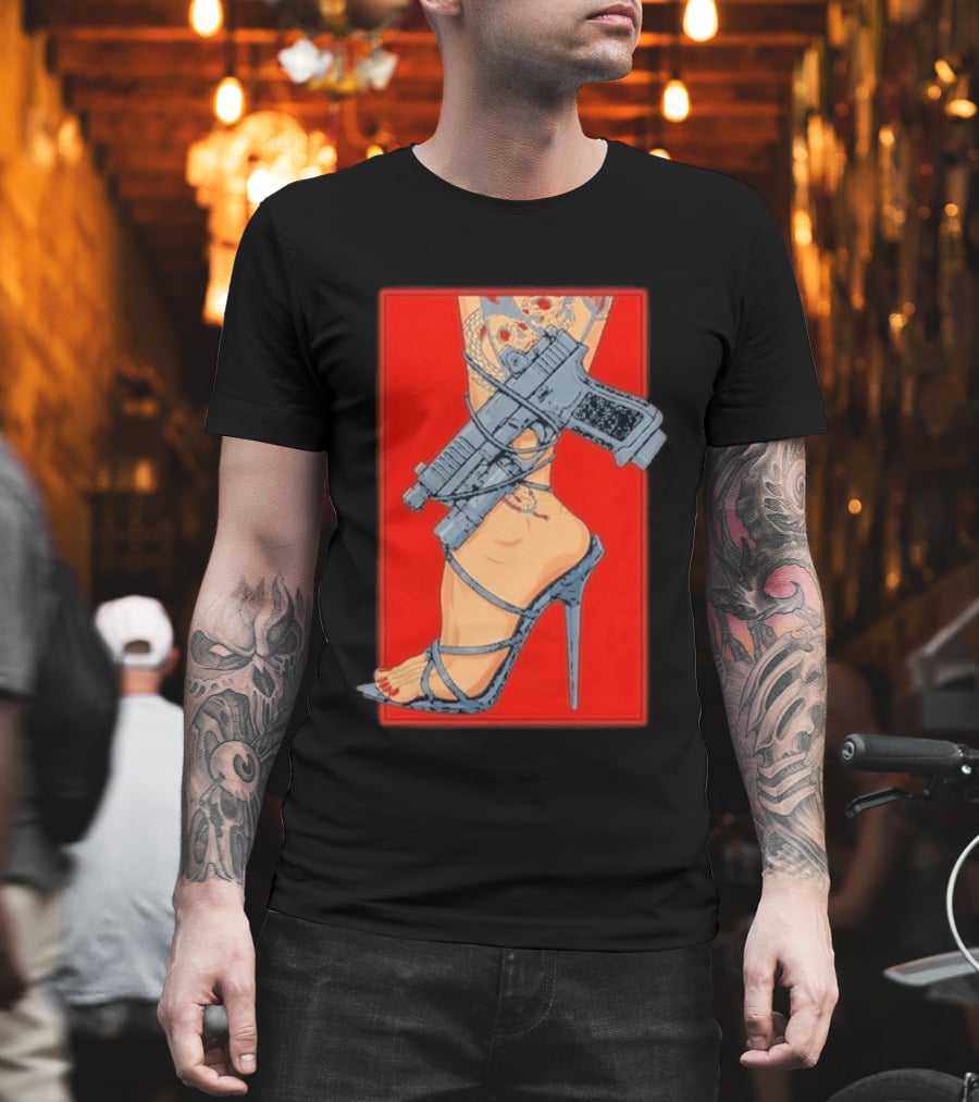 High Heel Stiletto with Gun and Tattoo Art on Red T-Shirt