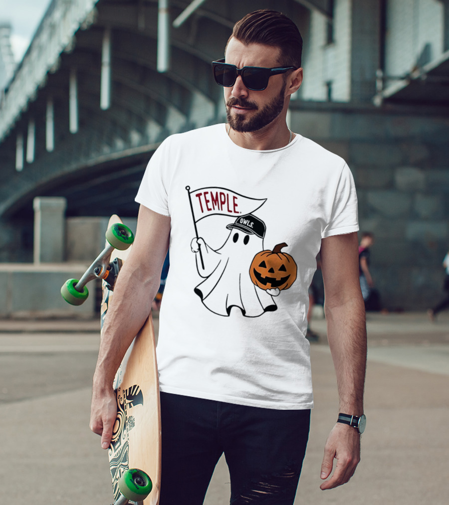Temple Owls Halloween Ghost With Pumpkin And Flag T-Shirt