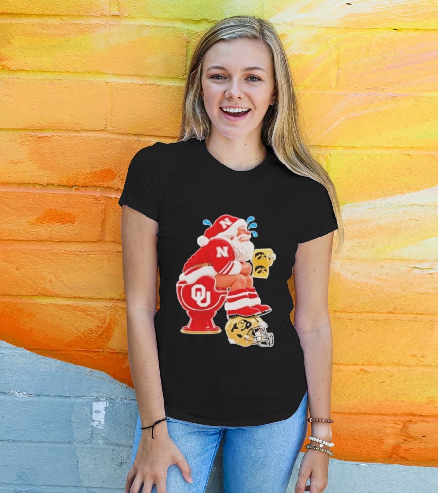 Nebraska Santa On Oklahoma Toilet With Iowa Toilet Paper And Colorado Helmet Football Rivalry Humor T-Shirt