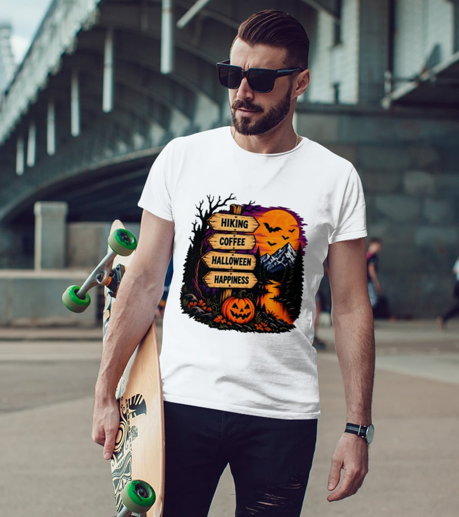 Hiking Coffee Halloween Happiness Fall Season Signpost Scenic Sunset Pumpkin Bats T-Shirt