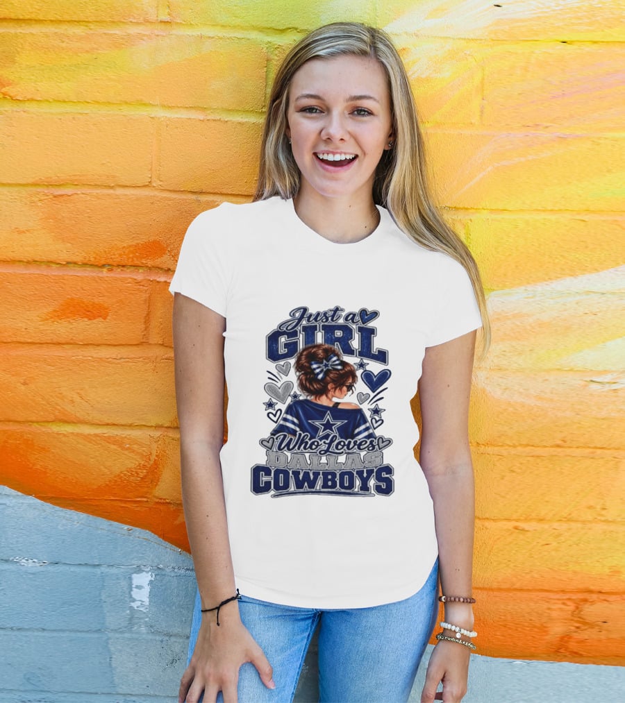 Just A Girl Who Loves Dallas Cowboys Fan Art Style Hearts And Stars T-Shirt