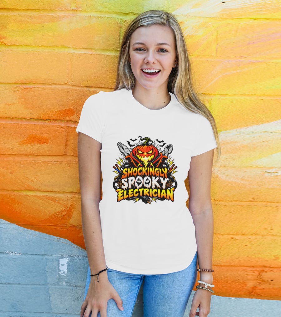 Shockingly Spooky Electrician Pumpkin Halloween Pliers And Bats T-Shirt